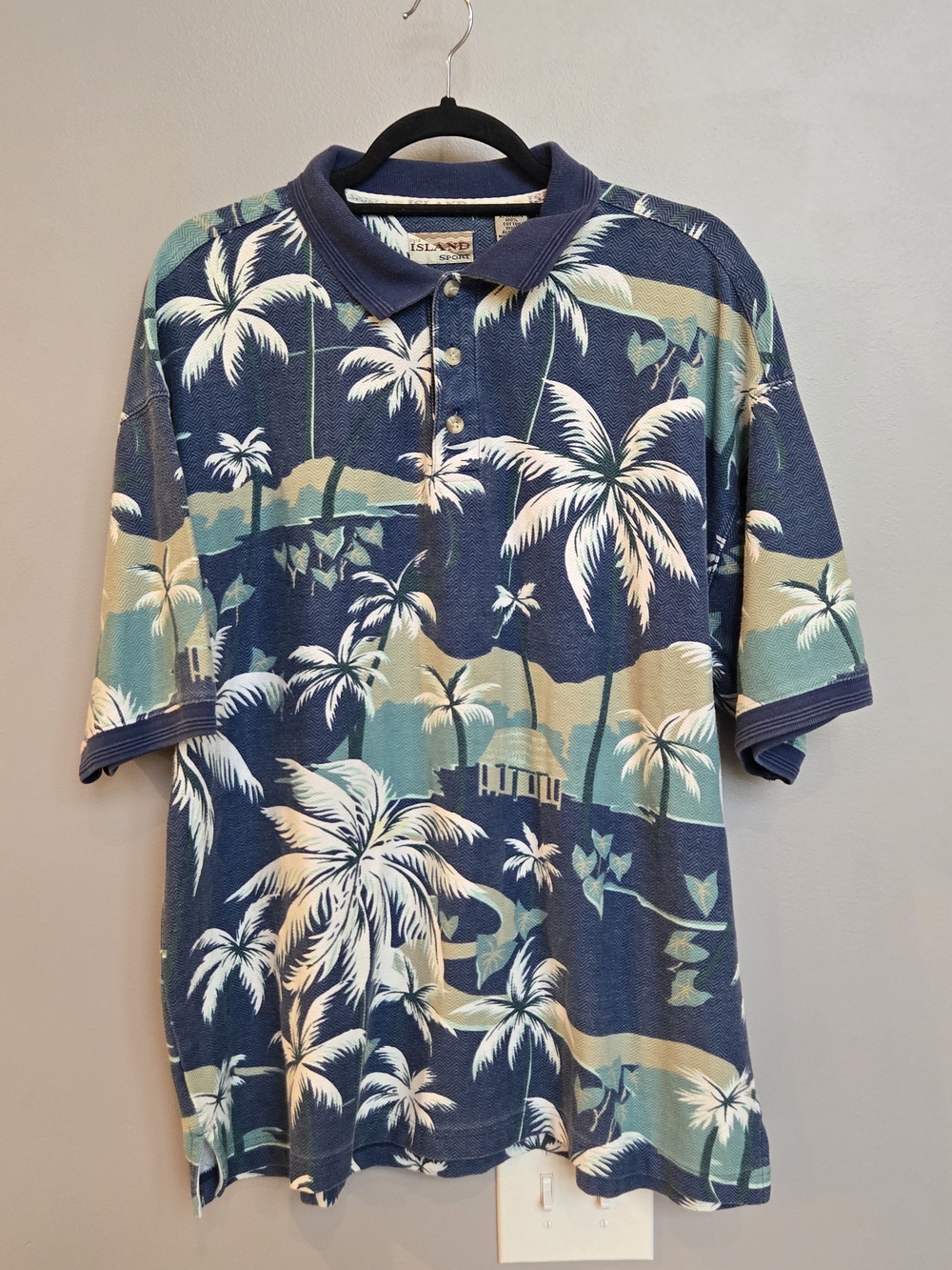 Original Island Sport Men's XL Tropical Palm Tree Polo Herringbone Cotton